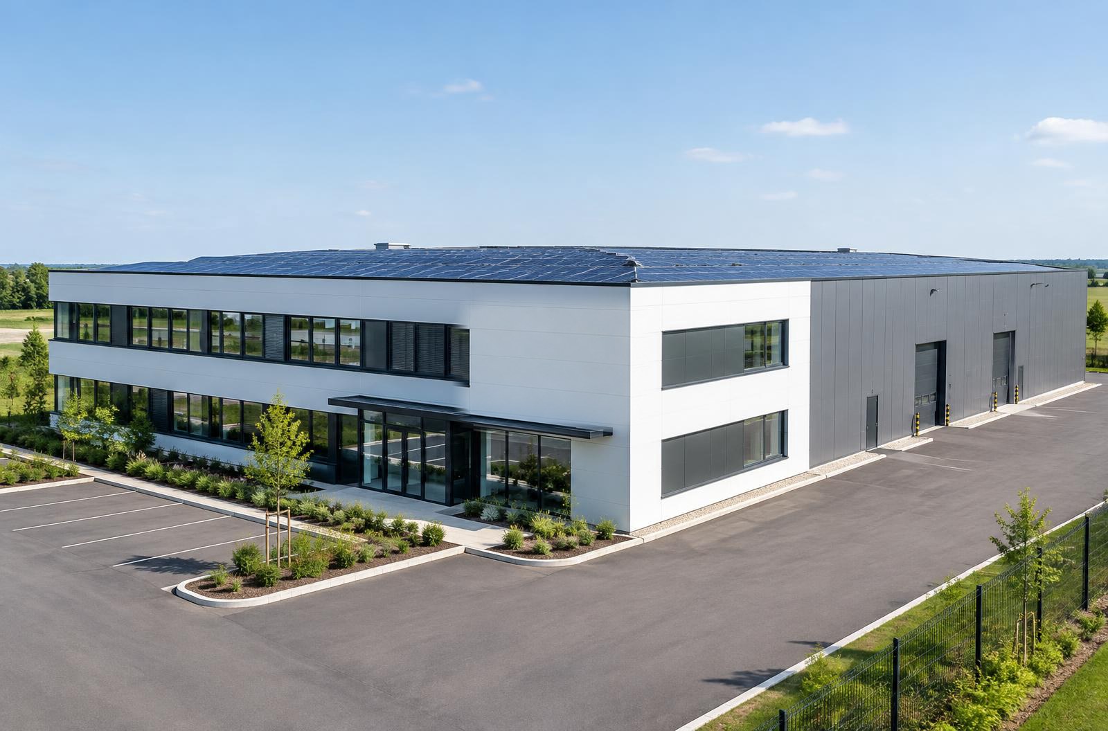Bâtiment tertiaire moderne équipé de panneaux solaires en toiture